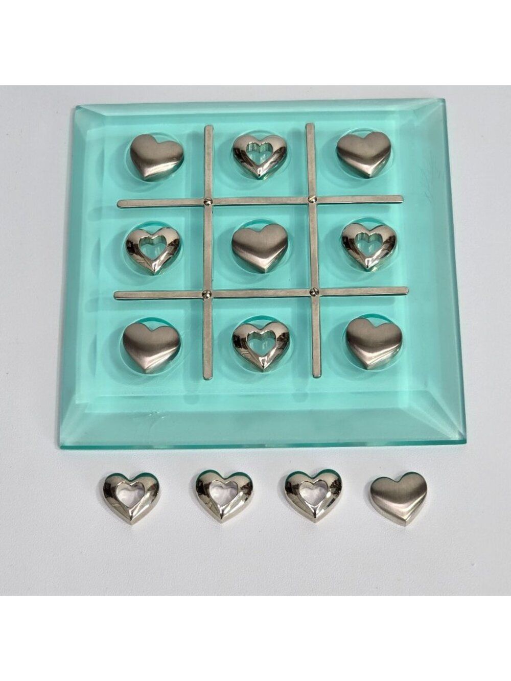 Tic Tac Toe Set Glass Board Mini Game 13 Heart Shaped Metal Pieces EliteCrafters
